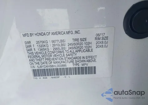 2017 Acura Mdx Technology Package z USA, uszkodzony, nr VIN 5J8YD4H58HL000886